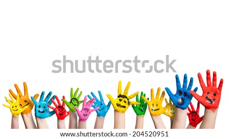 many colorful hands with smileys Royalty-Free Stock Photo #204520951