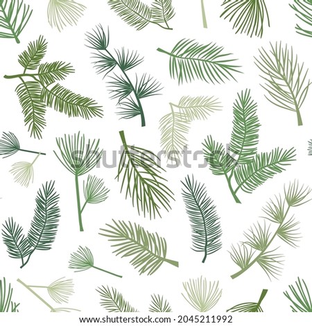 Evergreen plant and tree seamless pattern, background with pine and fir branch, cedar twig, Christmas and New Year decoration, nature print. Hand drawn vector illustration Royalty-Free Stock Photo #2045211992
