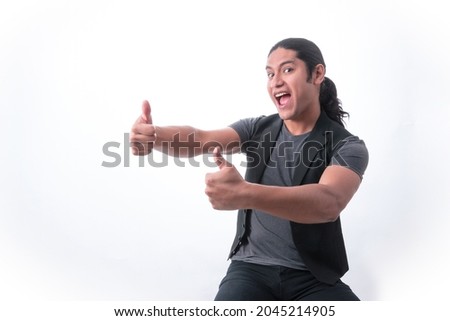 Person with white background, man gesturing, he makes the OK sign with both hands, with not both thumbs up as a sign of approval