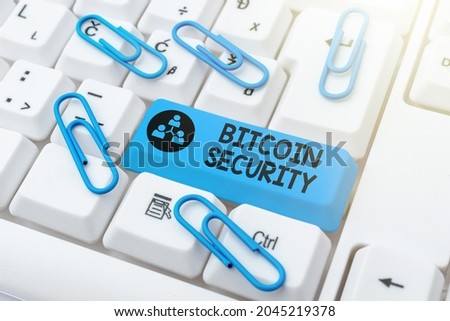 Text caption presenting Bitcoin Security. Word for funds are locked in a public key cryptography system Abstract Sending Multiple Messages Online, Typing Group Lessons