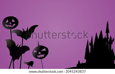 
This illustration is a pumpkin and a bat stuck in wood, and behind it is an old castle