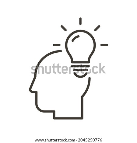Head thinking with lightbulb. Vector thin line icon with person profile face and bright bulb. Inspiration creative idea, Solution and innovation, knowledge Royalty-Free Stock Photo #2045250776