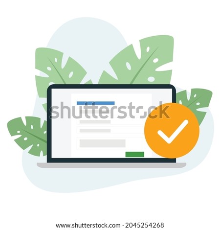 Received form online submission, request laptop computer, check mark, decorated with leaves Royalty-Free Stock Photo #2045254268
