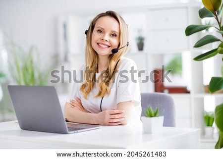 Photo of young woman happy positive smile headphones speak talk help adviser agent call center distance work home