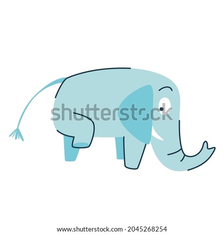 Funny cartoon cute blue elephant. The cute elephant raised his leg. Side view. A funny animal. Isolated over white background. Vector illustration.