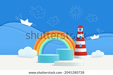 3d render podium with sea concept for kids or baby product.