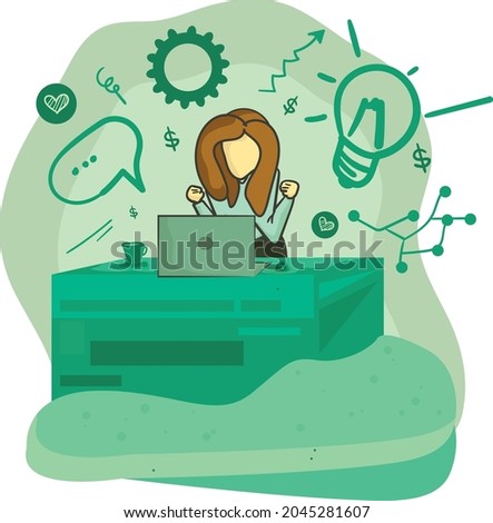 Girl with happy expression in front of her computer. success worker. Office activity abstract concept vector illustration