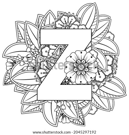 Letter Z with Mehndi flower. decorative ornament in ethnic oriental style. coloring book page. 