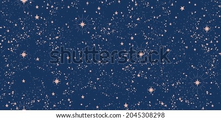 Seamless boho pattern with stars on a blue background for tarot, astrology. Magic cosmic sky, abstract esoteric ornament. Vector illustration. Royalty-Free Stock Photo #2045308298