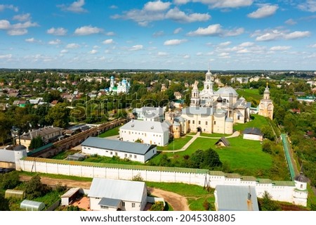 Bird's eye view of Borisoglebsky monastery and Church of the Annunciation of the Blessed Virgin in Torzhok, Russia.