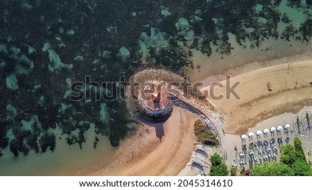 Aerial top view of beach in Sanur Beach, Bali. Drone photography