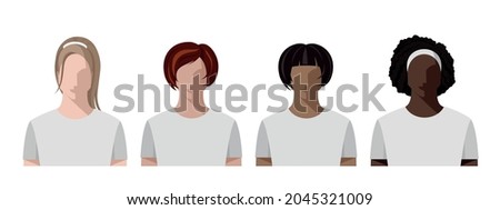 Young women, girls of different races, skin colors and hair in white T-shirts. Avatars portraits, isolated vector illustration in a flat style