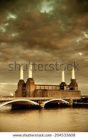 Battersea Power Station over Thames river as the famous London landmark.