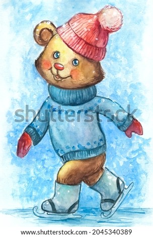 Drawing with watercolors and acrylics on textured paper. Teddy bear ice skating
