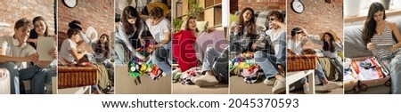 Holiday, rest mood. Young family couple preparing to summer vacation sitting at home, indoors. Look happy, delighted. Concept of relationship, love, lifestyle, lesuire activity. Collage