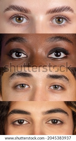 Vertical collage of open eyes of young multiethnic men and girls on colored background. Composite image made of 4 models. Concept of emotions, equality, unification of all nations, ages and interests.
