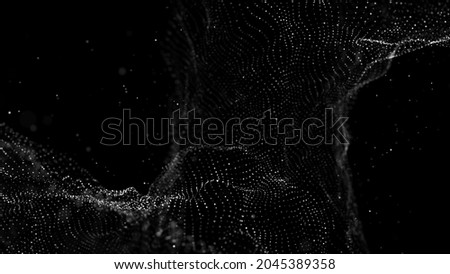 Futuristic digital wave with dots. Dark cyberspace. Abstract music background. Big data visualisation with particle flow. 3d rendering. Royalty-Free Stock Photo #2045389358