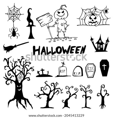 Halloween doodle set hand drawn. Halloween vector collection of holiday symbols. Pumpkin, graves, ghosts, horror, fear and other drawn vector Halloween elements.