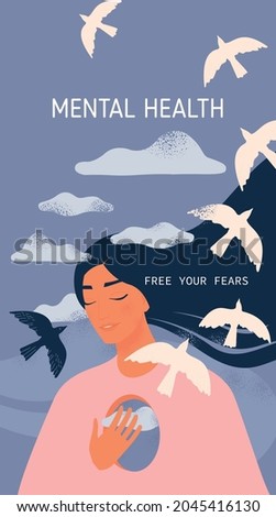 Mental health. A girl with a hole in her mind and flying birds to the clouds on Celestial background.  Royalty-Free Stock Photo #2045416130