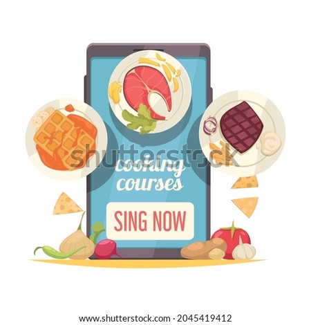 Cooking school colored concept with tablet and plates with served dishes flat vector illustration