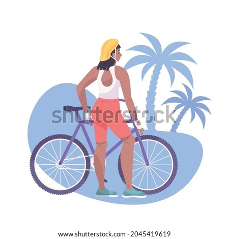 Flat composition with woman in helmet and her bike vector illustration