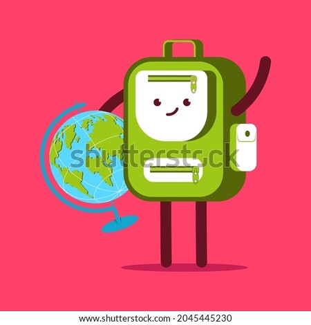 Backpack character with Earth globe vector cartoon illustration isolated on background.