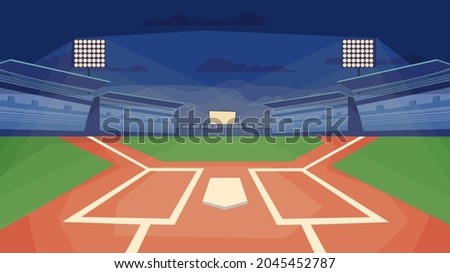 Baseball stadium concept in flat cartoon design. Sports field with base, floodlights, spectator stands. Competition stadium, sports center for the game. Vector illustration horizontal background
