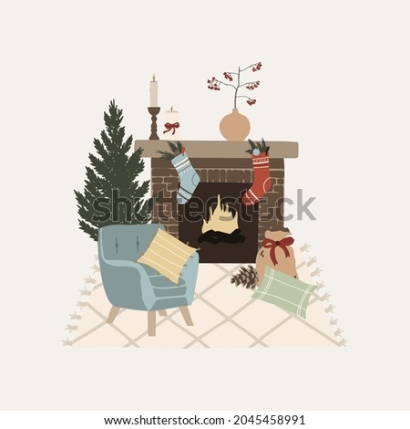 Christmas cozy armchair with fireplace and Christmas tree. Winter holiday new year season card. Vector illustration in hand drawn cartoon flat style
