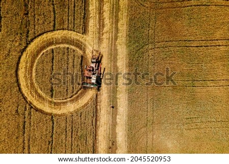 aerial view of combine creates circles on a wheat field. harvest time, 4K image from above. Royalty-Free Stock Photo #2045520953