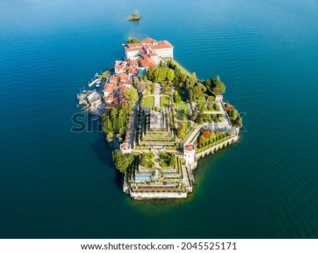 Isola Bella aerial panoramic view. Isola Bella is one of the Borromean Islands of Lago Maggiore in north Italy. Royalty-Free Stock Photo #2045525171
