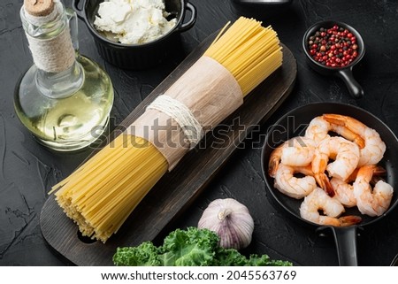 Lemon Garlic Cheese Shrimp with Spaghetti Ingredients classic recipe set, on black background
