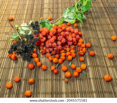 Overripe rowan berries on a wooden surface