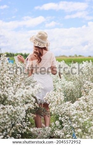 A woman in a vintage dress stretch oneself out in White flower field in the morning after waking up. Young tourists strolling through a beautiful and stretched White flower field to relax.
