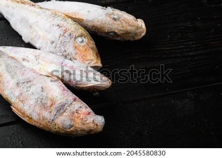 Frozen mullet or sultanka fish set, on black wooden table background , with copy space for text