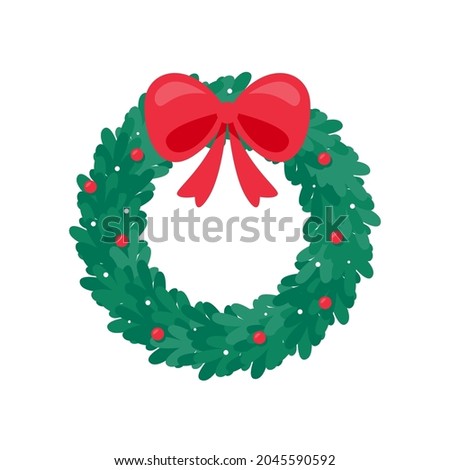 Christmas wreath vector. Winter garland adorned with red holly berries on green pine branches.