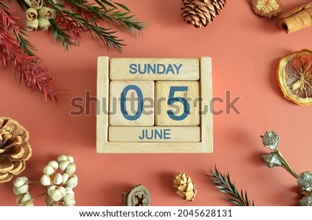 June 5, Cover design with calendar cube, pine cones and dried fruit in the natural concept.