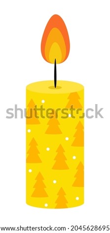 Merry Christmas and Happy New Year. Vector graphics. EPS 10. Yellow candle with Christmas trees, on a white background. Fire, flame. Design of invitations, cards, banners. For printing on paper. 