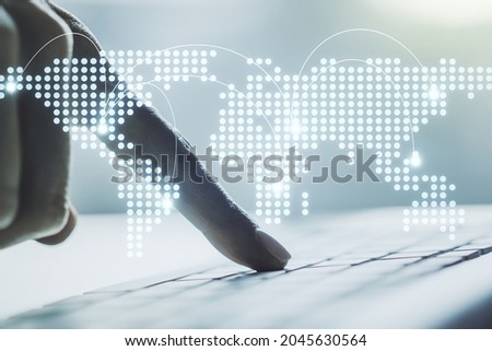 Abstract creative world map with connections and hands typing on laptop on background, international trading concept. Multiexposure