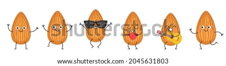 Set almond character cartoon nut emotions joy happiness smiling face jumping running sings icon beautiful vector illustration. Royalty-Free Stock Photo #2045631803