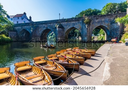 A view along the River Wear towards the Elvet Bridge in Durham, UK in summertime Royalty-Free Stock Photo #2045656928