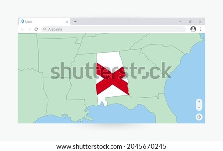 Browser window with map of Alabama, searching  Alabama in internet. Modern browser window template.