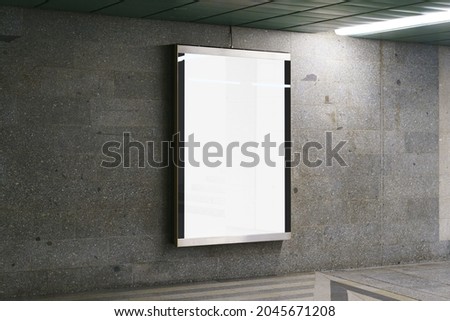 Indoor outdoor city light mall shop template. Blank billboard mock up in a subway station, underground interior. Urban light box inside advertisement metro airport vertical. Royalty-Free Stock Photo #2045671208