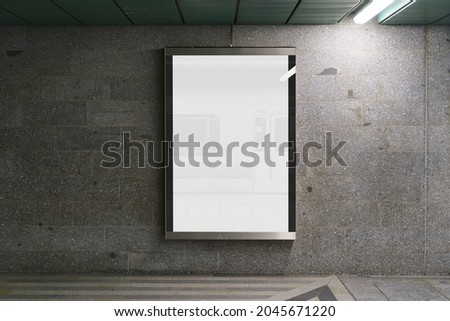 Indoor outdoor city light mall shop template. Blank billboard mock up in a subway station, underground interior. Urban light box inside advertisement metro airport vertical. Royalty-Free Stock Photo #2045671220