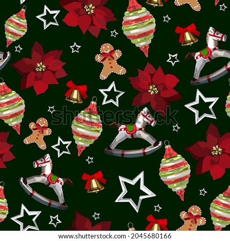 Christmas background with toys, gingerbread man, horse toy, bells and stars. Vector seamless pattern