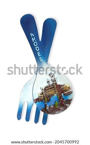 Souvenir from the island of Rhodes (Greece) with the image of the sea panorama. Design element with clipping path