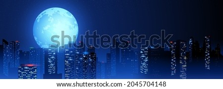 Beautiful full moon on cityscape, urban landscape vector illustration Royalty-Free Stock Photo #2045704148