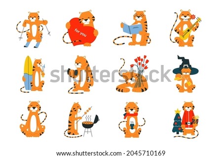 Cartoon tiger illustrations. Happy New Year 2022. Chinese horoscope. Merry Christmas. Vector set of isolated tigers. Clip art of cute smiling characters. Seasons sport love hobbies vacation holidays
