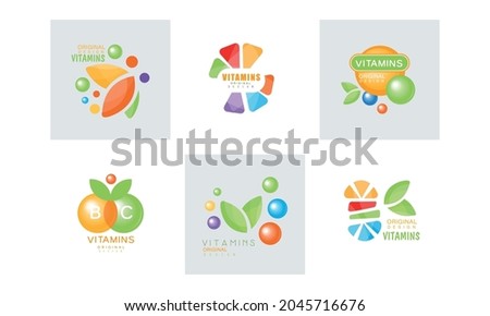 Vitamins Original Logo Design Set, Natural Supplements Labels Cartoon Vector Illustration