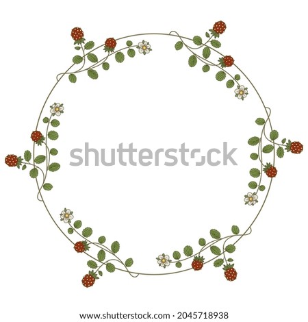Round floral frame with branches of strawberry plant. Botanical border with ripe berries.