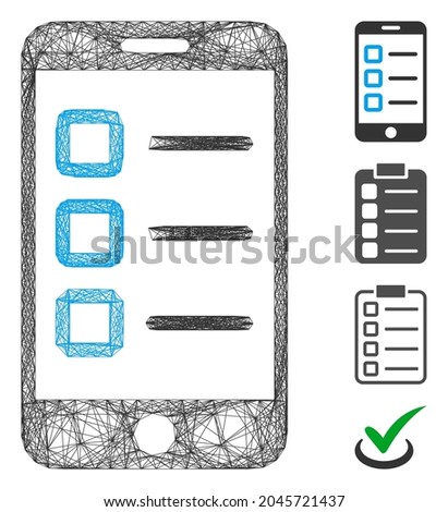 Vector wire frame mobile test. Geometric linear frame flat net generated with mobile test icon, designed with intersected lines. Some bonus icons are added.